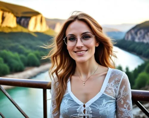 the woman in glasses is posing for a po,sarikaya,edurne,drina,biljana,danube gorge,artvin