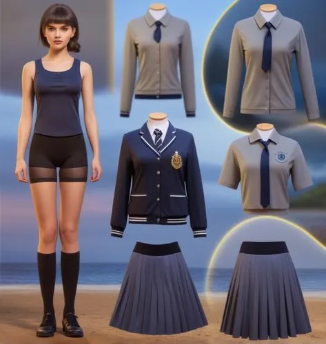 Paper doll British schoolgirl in black sleeveless shirt ,black tight fit spandex shorts with black sock and black shoe standing surrounded by with a set of british school uniform, shirt, grey pleated 