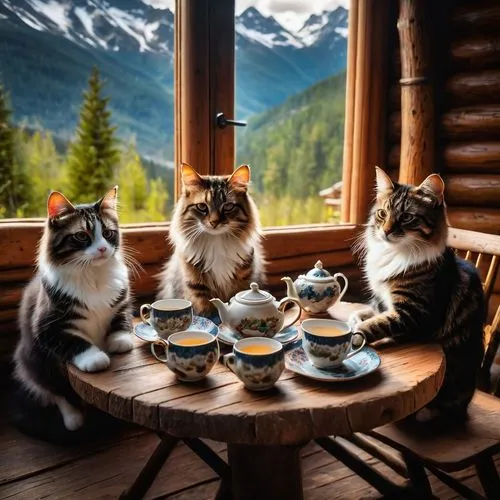 happy cats having tea in a log home in the mountains ,tea party cat,teatime,cat drinking tea,tea zen,cat's cafe,cat coffee,tea time,tea service,himalayans,tea party,tea set,siberians,georgatos,afterno