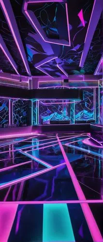 Neon-lit, futuristic nightclub, sleek lines, metallic materials, glossy floors, LED strips, strobe lights, disco balls, DJ booth, VIP area, circular bar, high ceilings, spotlights, smoke machines, las