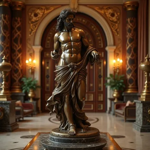 Bronze statue, luxurious interior, ornate details, ancient Greece inspiration, museum quality, intricate patterns, warm golden lighting, marble floor, grandiose columns, lavish furnishings, velvet dra