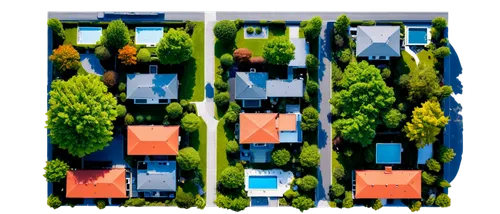 Bird's eye view, low altitude, directly above subject, aerial photography, symmetrical composition, high contrast, sharp focus, vivid colors, morning sunlight, cloudless sky, residential area, suburba