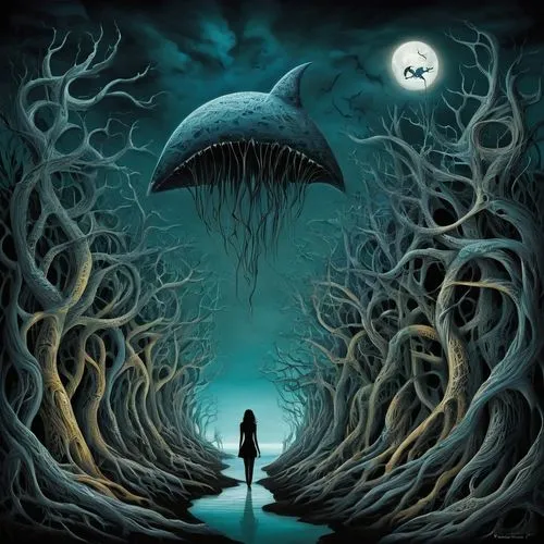 mushroom landscape,mirror of souls,surrealism,hollow way,fantasy picture,sci fiction illustration,dark world,parallel worlds,dark art,the mystical path,haunted forest,surrealistic,blue mushroom,situation mushroom,underground lake,the path,parallel world,tree grove,fantasy art,background image,Illustration,Black and White,Black and White 07