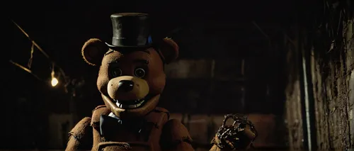 withered Freddy Fazbear, animatronic bear, Five Nights at Freddy's, damaged texture, exposed wires, eerie pose, glowing eyes, dark ambiance, abandoned pizzeria background, cobwebs, rusted metal, horro