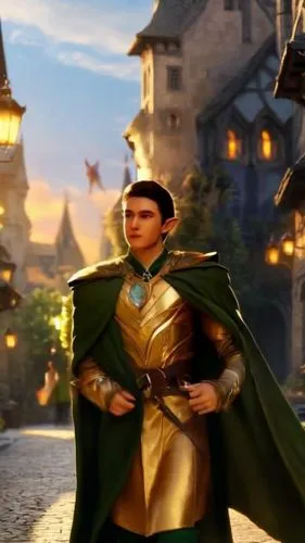 Young elf captain Glorvel with his green cloack and golden armor walking through the streets of the elfic city where he lives. 8k detail and complexity, ensure to render a photorealistic scene,male el