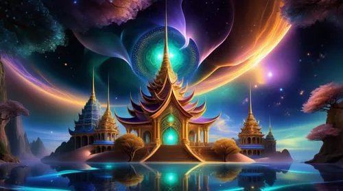 amazing fractal,a painting with a building on the water,wildstar,cartoon video game background,fantasy landscape,atlantean,3d fantasy,fantasy world,fantasy picture,background design,citadels,fairy wor