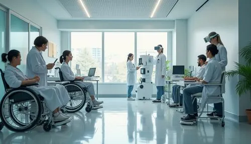 Rehabilitation center interior, modern technology integration, futuristic atmosphere, sleek lines, minimalistic decor, large windows, natural light, plants, robotic assistants, virtual reality equipme