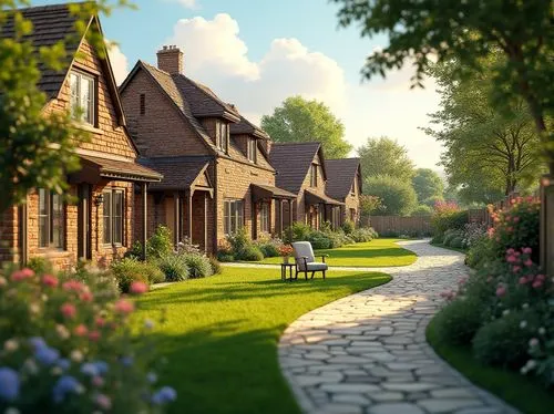 cottages,houses clipart,bungalows,home landscape,wooden houses,townhomes,kleinburg,aurora village,row of houses,summer cottage,idyllic,country cottage,boardinghouses,cottage garden,suburbia,knight village,country estate,suburban,cottage,beautiful home,Photography,General,Realistic