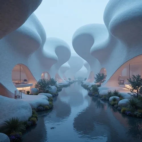 futuristic landscape,virtual landscape,fractal environment,igloos,thatgamecompany,3d render,snowhotel,ecotopia,cube stilt houses,infinite snow,snowdrifts,ice landscape,futuristic art museum,render,3d fantasy,extrasolar,winter garden,superadobe,fantasy landscape,snowville