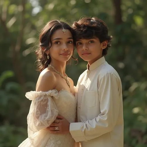 a boy and girl in wedding attire stand together,saawariya,majidi,kukunoor,tahiliani,barfi,vintage boy and girl,Photography,General,Realistic