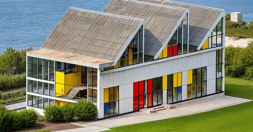 an aerial view of the colorful exterior on a large home,passivhaus,glickenhaus,cubic house,cube house,hornbach,vitra