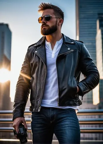 man holding gun and light,logan,aviators,edelman,biker,mizanin,leatherman,horsehide,haegglund,leathers,miz,motorcyclist,plissken,barret,jackman,leathery,maverick,kaz,leather,gunslinger,Illustration,American Style,American Style 08