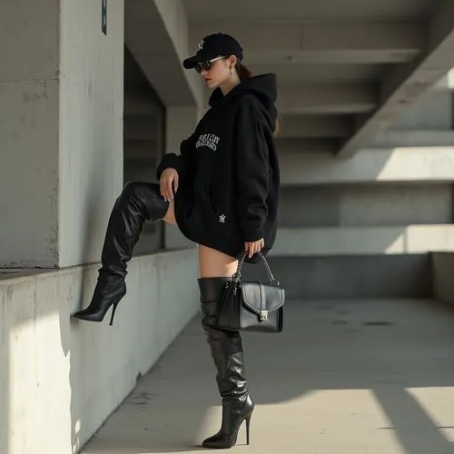 Depict a young woman in casual fashion in a dynamic pose, leaning against a concrete wall in a minimalist multi-level parking garage. She wears an oversized black hoodie in polyester with a minimal de