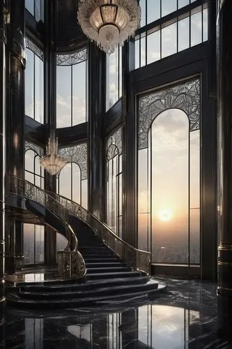 art deco,amanresorts,penthouses,staircase,baccarat,grandeur,elevators,marble palace,elevator,ornate room,foyer,entrance hall,art deco frame,luxe,radiosity,palladianism,art deco background,opulence,plateresque,cochere,Conceptual Art,Fantasy,Fantasy 33