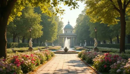 Elegant classicism style park, symmetrical gardens, beautiful fountains, grand statues, lush greenery, vibrant flowers, walking paths, iron benches, lanterns, tranquility, sunny afternoon, soft natura