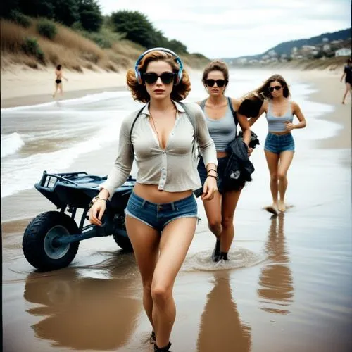 pin up girls,quad bike,retro pin up girls,harleys,surfwear,walk on the beach