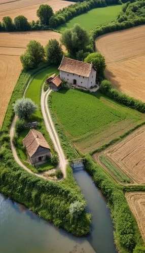 Scenery of a medieval house back from a natural passage and with a river alongside. But also having a dirt road and a small agricultural field of wheat.,weinviertel,provencale,lipnicki,moravia,hameau,