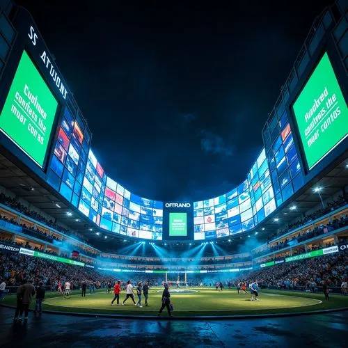 Vibrant sports stadium, dynamic curves, bold angular lines, futuristic expressionist architecture, neon-lit signage, LED scoreboard displays, sleek metal cladding, glass fa\u00e7ade, abstract geometri