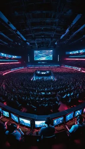 E-sports, gamer, graphic match-up, competitive gaming scene, stadium crowd, neon lights, giant screens, row of computers, gamers wearing headsets, fingers flying across keyboards, intense facial expre