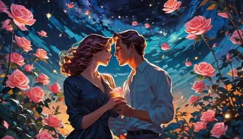 romantic portrait,falling flowers,scent of roses,romantic rose,romantic scene,holding flowers,serenade,floral greeting,with roses,falling stars,the moon and the stars,flower ball,serenata,passion bloom,stargazers,way of the roses,floral background,roses,romantic night,the stars,Conceptual Art,Sci-Fi,Sci-Fi 06