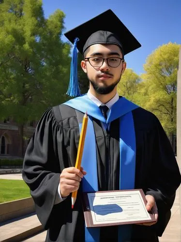 Young adult, graduate, solo, (25yo), handsome, neat beard, glasses, black hair, formal attire, graduation gown, mortarboard hat, holding diploma, architectural model, blueprint, pens, pencils, ruler, 