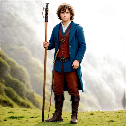 Hobbit, male, curly brown hair, bushy eyebrows, round face, small nose, innocent expression, earth-toned clothing, leather boots, holding wooden staff, standing, natural scenery, warm sunlight, shallo