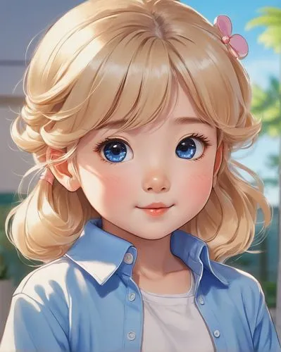 
A little girl 4 years old,
wearing a blue shirt, long sleeves and a closed collar, a very long dark blue skirt that covers the knees, White tights, A white sneakers blonde hair,a little girl with a b