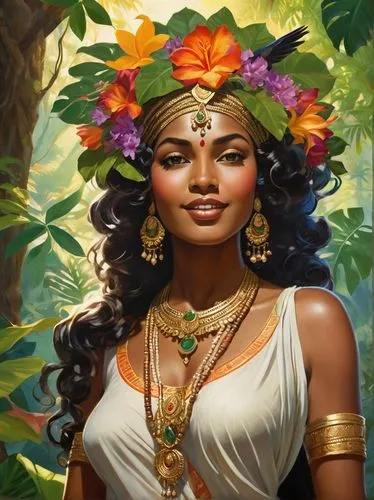 west indian jasmine,lakshmi,jaya,indian jasmine,polynesian girl,radha,moana,anahata,indian art,yogananda,indian woman,ayurveda,cleopatra,polynesian,east indian,jasmine,a beautiful jasmine,kerala,jasmine blossom,indian girl,Illustration,Realistic Fantasy,Realistic Fantasy 21