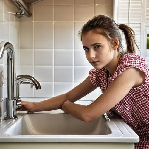 girl,girl with cereal bowl,girl in the kitchen,kitchen sink,hand washing,dishwashing,washing dishes,fluoridate,washing hands,dishpan,fluoridation,brassware,water tap,chlorination,faucet,mixer tap,wash