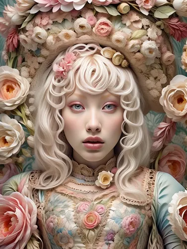 White hair,fantasy portrait,girl in a wreath,porcelain rose,porcelain dolls,baroque angel,artist doll,girl in flowers,painter doll,fantasy art,dahlia,chinese art,doll's facial features,eglantine,mysti