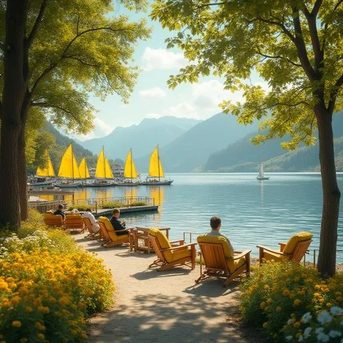 Lakefront scenery, sunny afternoon, bright yellow flowers blooming along the shore, warm yellow tone wooden dock, sailboats with yellow sails, reflection of yellow hue on calm lake water, lush green t