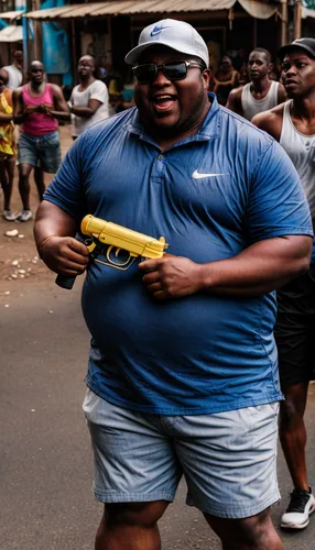 fat black man sunglasses , chapa,, people water gun  rifle black nike sneaker, backwards white nike cap laughing, white plain t shirt ,strongman,plus-size model,vuvuzela,fitness coach,shot put,aerobic