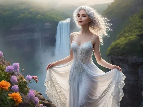 bridal veil fall,fantasy picture,celtic woman,faery,fantasy art,faerie,galadriel,enchantment,sigyn,lorien,fairy queen,enchanting,fantasy portrait,melian,rivendell,bridalveil,finrod,amalthea,seelie,gracefulness,Illustration,Abstract Fantasy,Abstract Fantasy 13