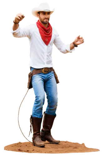 Cowboy, free spirit, rugged, wild west, worn leather boots, faded denim jeans, white shirt with rolled-up sleeves, cowboy hat, bandana, lasso rope, horse riding, dynamic pose, jumping over obstacle, d