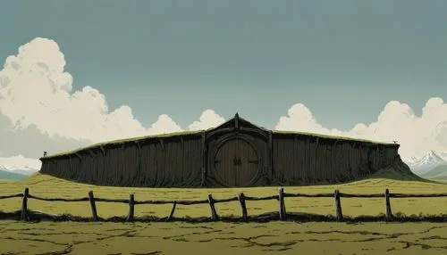 Wooden Wall on a flat plain, In Lord of the Rings, 1978 animated edition, realistic, simplistic, detailed, flat ground,,barn,field barn,straw hut,farm hut,old barn,farmstead,gable field,the farm,pony 