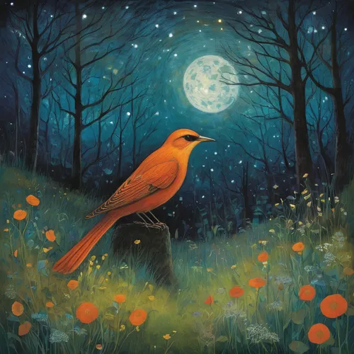 bird painting,nocturnal bird,night bird,robin redbreast,old world oriole,songbirds,carol colman,robins in a winter garden,moonlit night,birds singing,spring bird,oriole,blue moon,cuckoo-light elke,flower and bird illustration,bird robin,meadow bird,song bird,spring equinox,bird illustration,Illustration,Abstract Fantasy,Abstract Fantasy 15