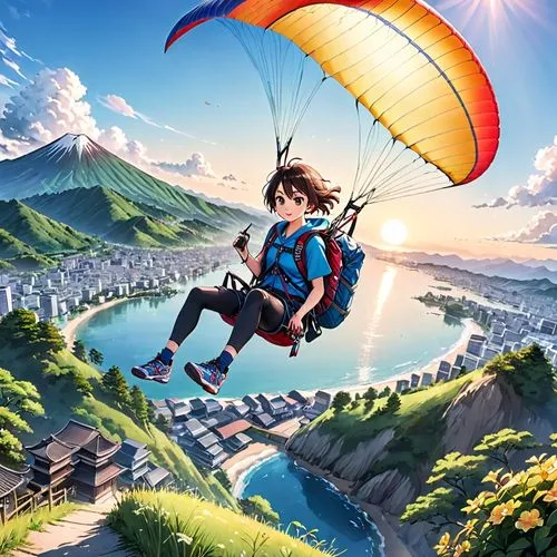 paraglider flyer,paraglide,paraglider,mountain paraglider,paragliding,sitting paragliding,Anime,Anime,General