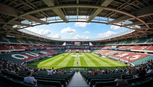 Grandstand seating, lush green turf, vibrant team colors, ornate metal railings, LED scoreboard displays, sleek glass fa\u00e7ades, modern cantilevered roofs, abstract patterned ceilings, polished con