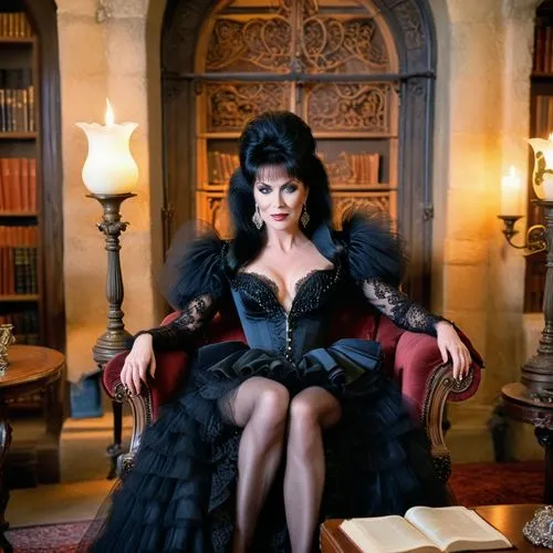 Elvira Mistress of the Dark ( Kinofilm 1988 )

Elvira sitzt späht abends in einen sehr alten bequemen ausladenden Viktorianischem Sessel und liest bei kerzenlicht ein Buch,gothic fashion,gothic woman,