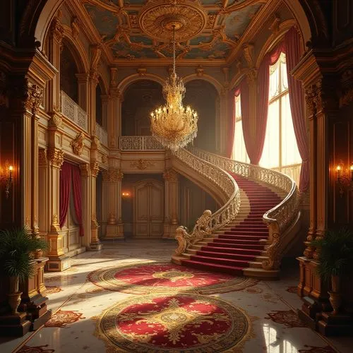 staircase,ornate room,europe palace,royal interior,staircases,entrance hall,outside staircase,stairway,ritzau,ornate,palaces,hallway,the palace,foyer,winding staircase,grand master's palace,baroque,ballroom,grandeur,rococo,Photography,General,Realistic