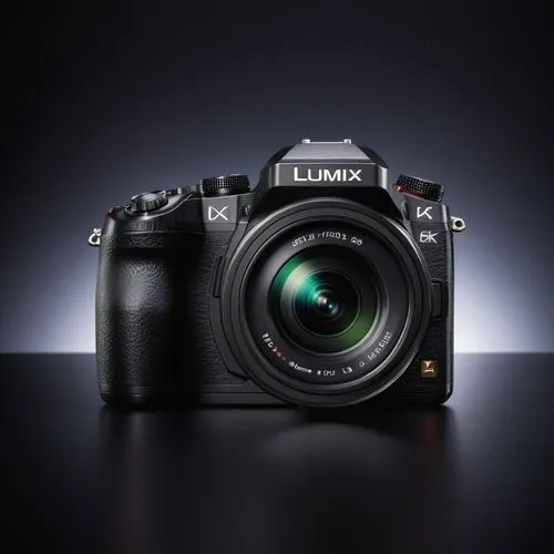 a lumix camera with black dark background , wide angle, long shot. with shadow
,the panasonic camera is on display, it has an illuminated lens,lumix,slr camera,lubitel 2,full frame camera,lenzing,lens