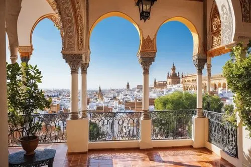 Seville Spain, Moorish Revival architecture, intricate stone carvings, ornate arches, Islamic geometric patterns, grandiose cathedral-like structures, rust-red terracotta rooftops, white stucco walls,