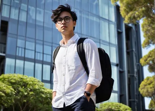 Male, young adult, 20s, bachelor of architectural design, Monash University, Australia, casual wear, white shirt, dark jeans, sneakers, backpack, serious facial expression, glasses, short black hair, 