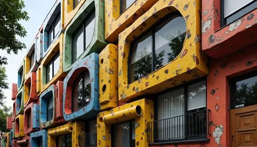 Vibrant postmodern building, irregular shapes, playful ornate details, bold bright colors, eclectic mix of materials, exposed ductwork, industrial pipes, distressed textures, abstract sculptural forms