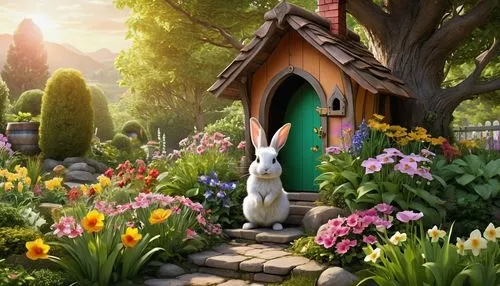 bunny on flower,peter rabbit,cartoon rabbit,lapine,white rabbit,fairy door,Photography,General,Realistic