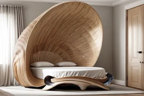 image is a wooden clam shell bed designcreate an equally impressive variation,canopy bed,sleeper chair,chaise longue,wooden sauna,room divider,cocoon,wood art,baby bed,soft furniture,bean bag chair,ch