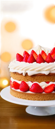 Round cake, vanilla frosting, strawberry toppings, golden brown crust, three-layered, candles lit, festive decoration, shallow depth of field, warm lighting, close-up shot, realistic texture, soft foc