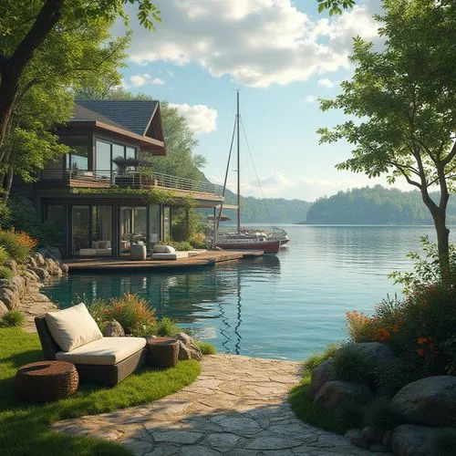 house by the water,summer cottage,house with lake,boat dock,houseboat,waterfront,summer house,cottage,houseboats,boathouse,lakeside,lake geneva,seclude,harborfront,floating huts,idyllic,home landscape,undock,dock,shorefront,Photography,General,Realistic