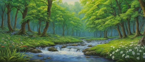 forest landscape,forest background,elven forest,green forest,forest glade,fairy forest,brook landscape,riparian forest,fairytale forest,the forests,forests,landscape background,green landscape,the forest,cartoon forest,mountain spring,forest of dreams,forest ground,mountain stream,flowing creek,Illustration,Paper based,Paper Based 08