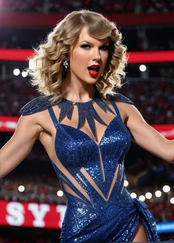 Taylor Swift, female singer, curly blonde hair, bright red lips, sparkling blue eyes, glamorous evening gown, diamond necklace, high heels, confident posture, microphone in hand, performing on stage, 